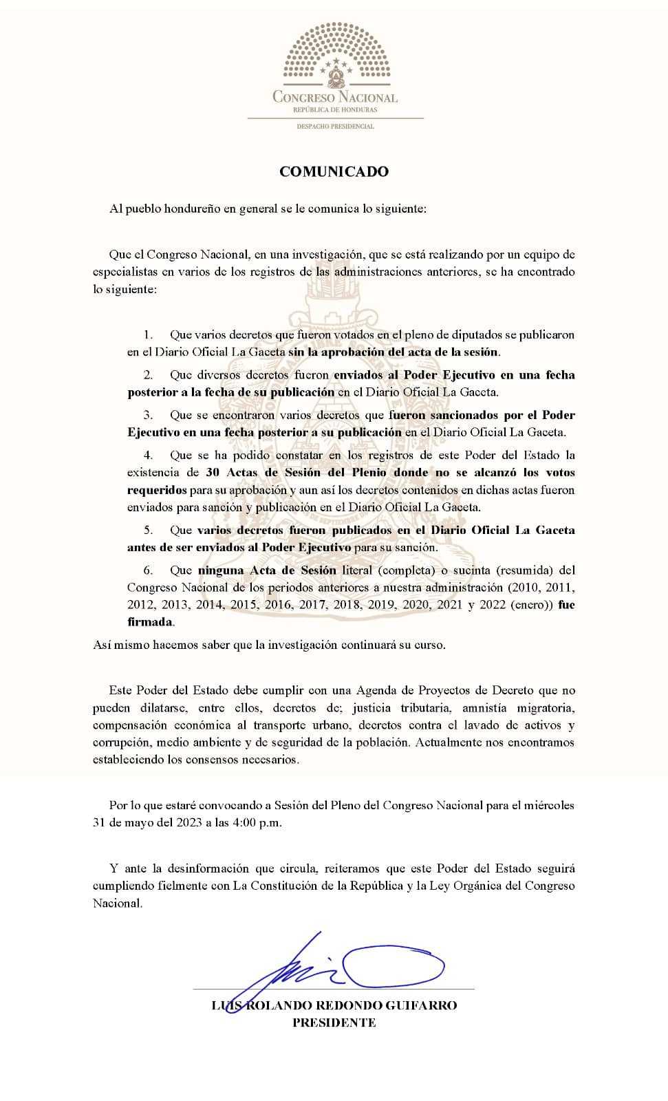 Presidente Luis Redondo reveló investigación en curso sobre irregularidades y actas aprobadas en gobiernos anteriores